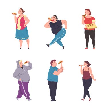 Fast Food vektör seti yiyen Mutlu Şişmanlar Karakteri. Neşeli Obez Adam ve Kadın Sağlıksız Beslenme ve Yaşam Tarzı Konseptinden Hoşlanıyor