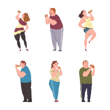 Fast Food vektör seti yiyen Mutlu Şişmanlar Karakteri. Neşeli Obez Adam ve Kadın Sağlıksız Beslenme ve Yaşam Tarzı Konseptinden Hoşlanıyor