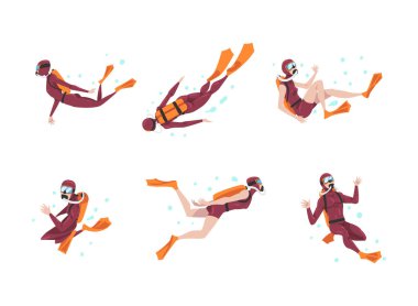 Scuba Dalış Adam ve Kadın Solunum Ekipmanı ve Yüzgeçliler Sualtı Vector Seti. Erkek ve Kadın Okyanusun derinliklerinde yüzüyor.