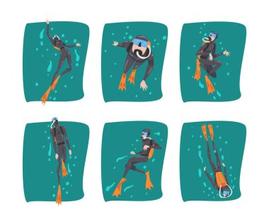 Scuba Dalış Adam ve Kadın Solunum Ekipmanı ve Yüzgeçliler Sualtı Vector Seti. Erkek ve Kadın Okyanusun derinliklerinde yüzüyor.