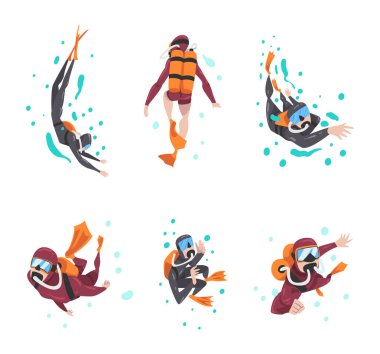 Scuba Dalış Adam ve Kadın Solunum Ekipmanı ve Yüzgeçliler Sualtı Vector Seti. Erkek ve Kadın Okyanusun derinliklerinde yüzüyor.