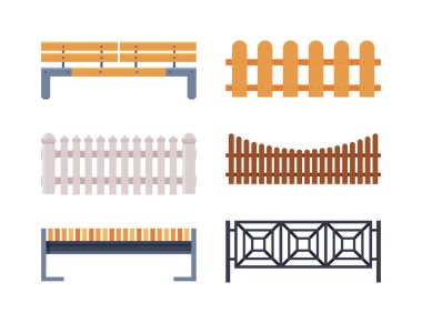 Çitli Şehir Parkı elementleri ve yedek vektör seti. Kentsel Alan ve Peyzaj Tasarımı için Mimari Nesne