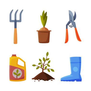 Seedling, Rubber Boot, Pruner, Fork, Plant ve gübre vektörlü bahçe. Bahçe ve Bahçe İşleri Ekipmanı Konsepti