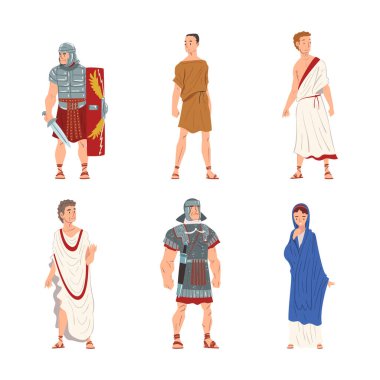 Ancient Roman People Characters with Soldier and Noble Citizens in Long Tunic Vector Set. Greek Man and Woman in Traditional Clothing clipart