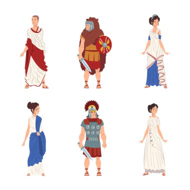 Ancient Roman People Characters with Soldier and Noble Citizens in Long Tunic Vector Set. Greek Man and Woman in Traditional Clothing clipart