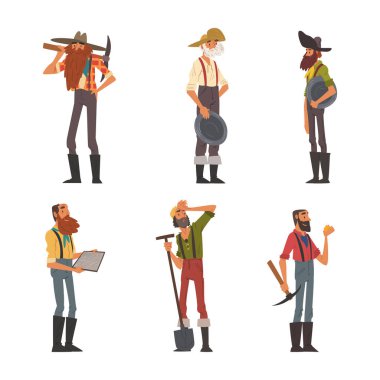 Sakallı Erkek Madenci Karakterleri Kürek ve Kazma Vektör Set. Vahşi Batı 'dan Altın Madencileri Kıymetli Metal Arıyor