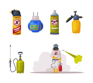 Pest Control and Insect Extermination Service with Chemical Bottle and Man in Uniform Vector Set. Disinsection and Insecticide Procedure clipart