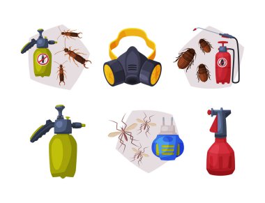 Haşere Kontrol ve Böcek İmha Servisi Kimyasal Şişe ve Maske Vektörü seti ile. İnseksiyon ve Böcek ilacı Prosedürü