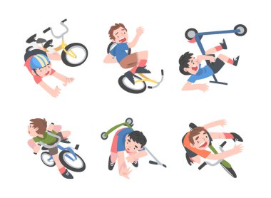 Travmatik Durum Vektörü olarak Scooter ve Bisiklet 'ten düşen küçük çocuk. Çocuk Sürücü Sokakta Kaza Yaptı