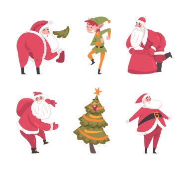 Noel ve Yeni Yıl Karakteri Noel Baba, Elf ve Firavun Ağaç Vektör Seti. Mevsimlik Kış Tatili Kutlaması