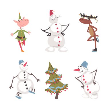 Kardan Adam, Ren Geyiği, Elf ve Firavun Ağacı Vektör Seti ile Noel ve Yeni Yıl Karakteri. Mevsimlik Kış Tatili Kutlaması