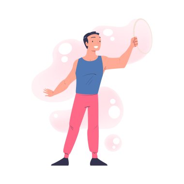 Sabun Köpüğü Gösterisi Yapan Adam Sıvı Küre Vektör Resimleri Yapıyor. Genç Erkek Su Eğlencesi Konseptine Bağlandı