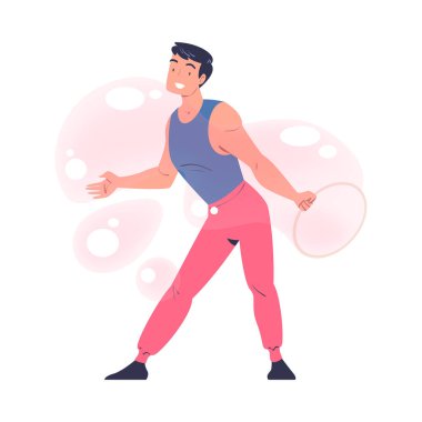 Sabun Köpüğü Gösterisi Yapan Adam Sıvı Küre Vektör Resimleri Yapıyor. Genç Erkek Su Eğlencesi Konseptine Bağlandı