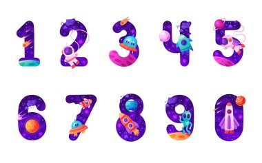 Mekik ve Gezegen Vektör Kümeli Uzay Numaraları ve Kozmik Sayılar. Galaksi ve Evren Tipografik Karakteri