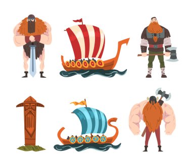 Silahlı Viking Erkek Karakteri ve Drakkar Gemisi veya Vector Set. İskandinav Savaşçısı ve İskandinav Askeri