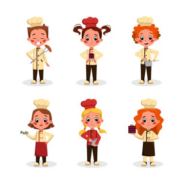 Toque Cooking Food Vector Set 'te Küçük Oğlan ve Kız Aşçı Karakteri. Komik Çocuk Yemek Hazırlamaya Başladı