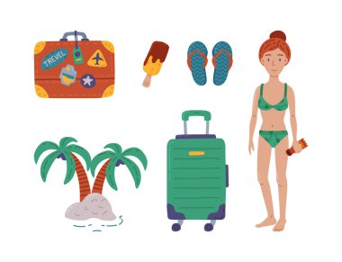 Mayo Giyen Kadın ile Seyahat ve Tatil Güneş kremi ve Turizm ve Tatil Macerası Vector Set Sembolü. Yaz ve Tatil Gezisi Konsepti