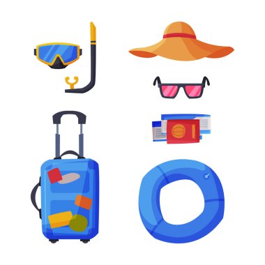 Seyahat ve Tatil Sembolü ve Turizm ve Tatil Macerası Vector Set. Yaz ve Tatil Gezisi Konsepti