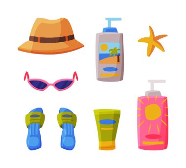 Seyahat ve Tatil Sembolü ve Turizm ve Tatil Macerası Vector Set. Yaz ve Tatil Gezisi Konsepti