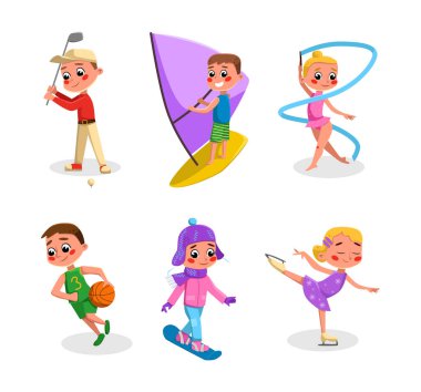 Mutlu çocuklar spor yapıyor ve fiziksel aktivite vektörü seti yapıyor. Aktif Küçük Oğlan ve Kız Eğitime Başladı