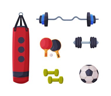 Spor Malzemeleri ve İdman ve Eğitim Vektörü Seti. Fiziksel Egzersiz İçin Spor Salonu ve Malzemeleri