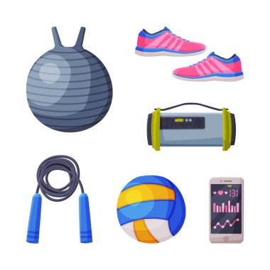 Spor Malzemeleri ve İdman ve Eğitim Vektörü Seti. Fiziksel Egzersiz İçin Spor Salonu ve Malzemeleri