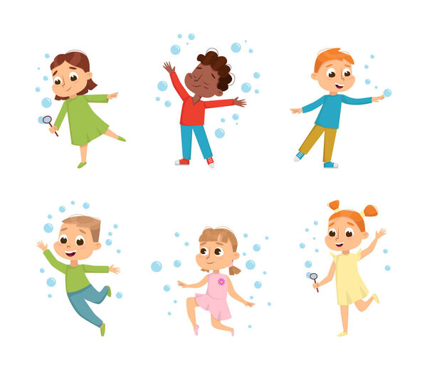 Cute Boys and Girls Blowing Soap Bubbles Having Fun Vector Set. Adorable Children Enjoying Playtime Concept