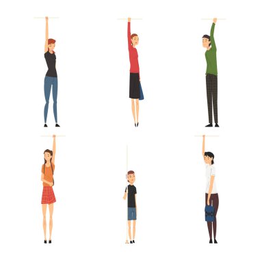 Halk Karakterleri Toplu Taşıma Vektörü Ayarında Tutucu veya Demiryolu. Erkek ve Kadın Şehir Memleketi Metro ya da Otobüs Durağı