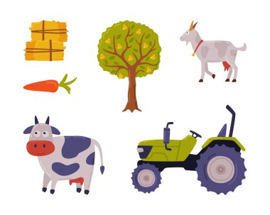 Traktör, inek, keçi, ağaç reklamı saman vektörü setiyle tarım ve tarım. Agronomi ve Husbandry Kavramı