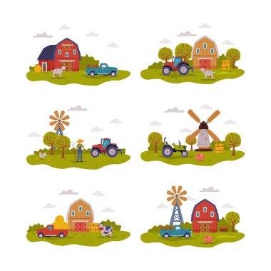 Çiftlik Evi, Traktör ve Yeşil Alan, Çiftçi ve Yel Değirmeni Vector Set ile Tarım ve Tarım Sahnesi. Agronomi ve Husbandry Kavramı