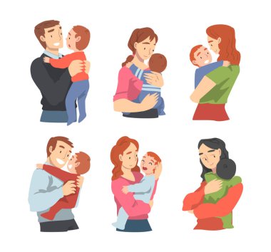 Erkek ve Kadın Kucağında Kollarıyla Bebeği Tutan Erkek ve Kadın Vector Set. Genç Erkek ve Kadın Çocuğa Bakıyor ve Yeni Doğmuş Çocuk Şefkat ve Aşk Kavramını Hissediyor