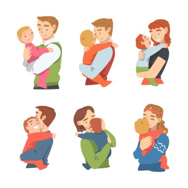 Erkek ve Kadın Kucağında Kollarıyla Bebeği Tutan Erkek ve Kadın Vector Set. Genç Erkek ve Kadın Çocuğa Bakıyor ve Yeni Doğmuş Çocuk Şefkat ve Aşk Kavramını Hissediyor