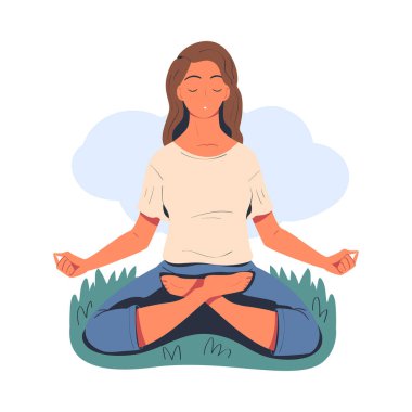 Nilüfer çiçeğinin üzerinde otururken meditasyon yapan güzel bir kız. Meditasyon pratiği, ahenk, sağlıklı yaşam tarzı vektör çizimi beyaza izole edilmiş.