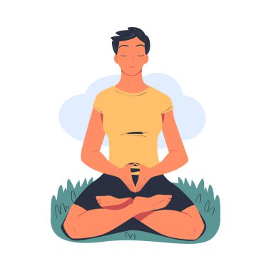 Nilüfer çiçeği pozisyonunda oturmuş, meditasyon yapan huzurlu genç bir kadın. Meditasyon pratiği, ahenk, sağlıklı yaşam tarzı vektör çizimi beyaza izole edilmiş.