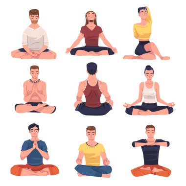 Nilüfer Pozu 'nda oturmuş, Farkındalık Vektörü setinde meditasyon yapan insanlar. Asana Meditasyon Uyum ve Sağlık Konseptinde Sakin Genç Adam ve Kadın