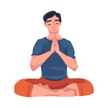 Nilüfer Duruşu 'nda Meditasyon Yapan Erkek Karakteri Farkındalık Vektörü İllüzyonu Uygulaması. Asana Meditasyon Uyum ve Sağlık Konseptinde Sakin Genç Erkek