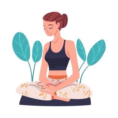 Gözleri Kapalı Meditasyon Yapan Genç Kadın Yoga Mat Üzerinde Nilüfer Duruşu Yapıyor Farkındalık Vektörü İllüstrasyonu. Asana Meditasyon Uyum ve Sağlık Konseptinde Sakin Kadın