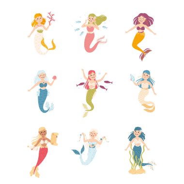 Dalgalı Saçlı Denizkızı Su Altında Yüzen Vektör Kümesi. Dişi Vücut ve Balık Kuyruğu Okyanusun derinliklerinde yüzen Su Yaratıkları