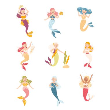 Dalgalı Saçlı Denizkızı Su Altında Yüzen Vektör Kümesi. Dişi Vücut ve Balık Kuyruğu Okyanusun derinliklerinde yüzen Su Yaratıkları