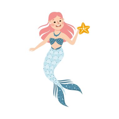 Dalgalı Pembe Saçlı Denizyıldızı Vektör İllüstrasyonlu Deniz Kızı. Dişi Vücut ve Balık Kuyruğu Okyanusun derinliklerinde yüzen Su Yaratıkları