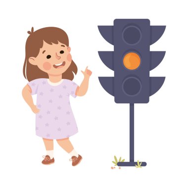 Yol Vektörü İllüstrasyonunun Kutup Öğrenme Kuralları 'nda Sokak Işığı Altında Duran Sevimli Kız. Komik Çocuk İlköğretim Uyarı Şehir İşareti Okuyor