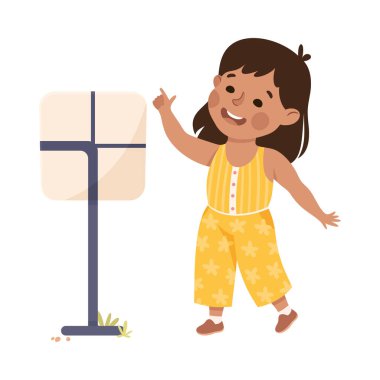 Yol Vektörü İllüstrasyonunun Kutup Öğrenme Kuralları 'nda Sola Dönmek Üzere Duran Sevimli Kız. Komik Çocuk İlköğretim Uyarı Şehir İşareti Okuyor