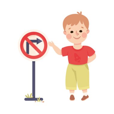 Yol Vektörü İllüstrasyonunun Kutup Öğrenme Kuralları 'nda Sağa Dönüşü Olmayan İşaretin Yanında Duran Yakışıklı Çocuk. Komik Çocuk İlköğretim Uyarı Şehir İşareti Okuyor