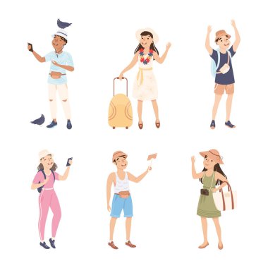 Erkek ve Kadın Turist Gezisi ya da Çanta ve Kamera Vector Set ile Gezi Turu. Genç Erkek ve Kadın Fotoğraf Çekiyor Tatilin Tadını Çıkartıyor