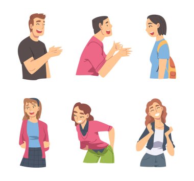 Neşeli Erkek ve Kadın Karakteri Neşeli Ruh hali vektör seti ile konuşuyor ve gülüyor. Genç Erkek ve Kadın Şakacı ya da Komik Hikaye