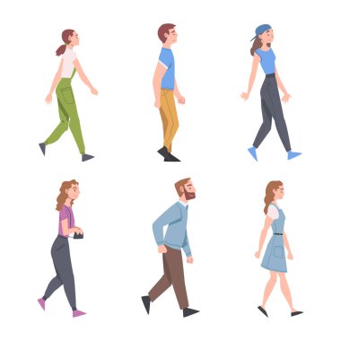 People Characters Go and Walking with different Gait Side View Vector Illustration Set. Erkek ve Kadın, Ayak Kavramına Göre Bir Yerden Başka Bir Yere Gidiyor