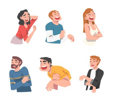 Mutlu İnsanlar Neşeli Yüz İfade Yönlendirici Seti ile yüksek sesle gülüyor. Erkek ve Kadın Portresi Komik Şakalarla Neşelendi
