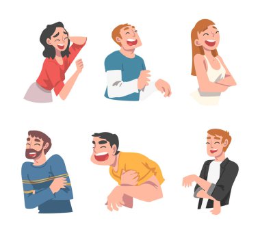 Happy People Laughing Out Loud with Joyful Face Expression Vector Set. Portrait of Man and Woman Amused with Funny Joke clipart