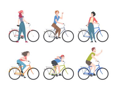 Happy People Characters on Bicycle Enjoying Vacation or Weekend Activity Vector Illustration Set. Young Smiling Male and Female Cyclist Riding Bike Concept clipart