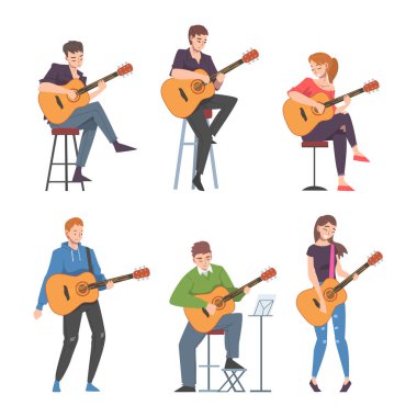 Genç Adam ve Kadın Müzisyen Karakter Karakteri Gitar çalan Sokak Konseri Vector Set. Erkek ve Kadın Müzikal Dizgi Aracı Akustik Performans Gösteriyor